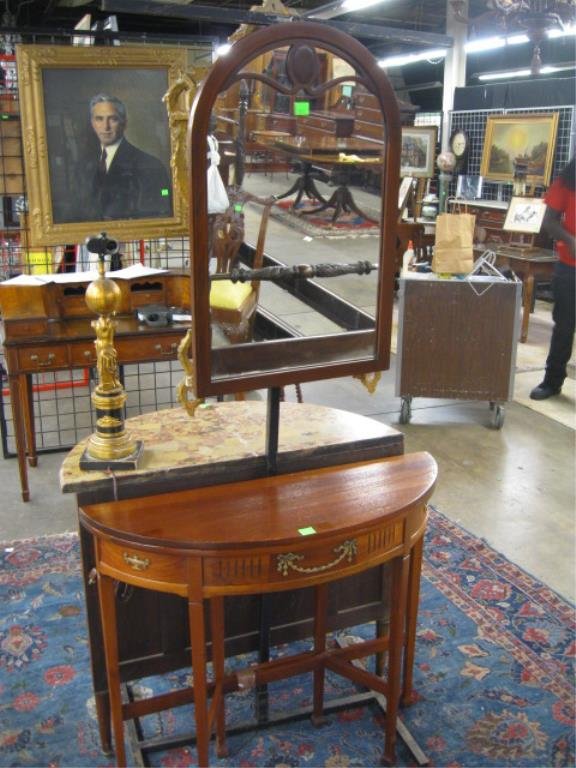 Neo Classical Console & Mirror: Neo Classical console & mirror, mahogany, includes: lime inlaid arched mirror & a demi lune fold back top table with applied brass garland on frieze, mid 20th C. table, 36" x 12 1/2" x 31", mirror 20"