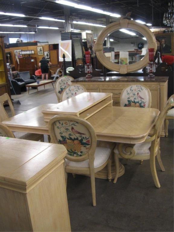 Bernhardt 12 Pc Dining Room Set: Bernhardt twelve piece dining room set, limed oak finish classical stylization, includes: table with two leaves, six side & two arm chairs, oval wall mirror, brown marble top sideboard, & a lift top b
