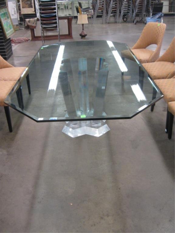 Modern Style Dining Room Table: Modern Style Dining Room Table, 3/4 " beveled cut corner plate glass top on an 8 diamond column lucite base imitating a crystal fountain, circa 1970 - 80 48" x 96" x 30" [c] CONDITION: polishable chip