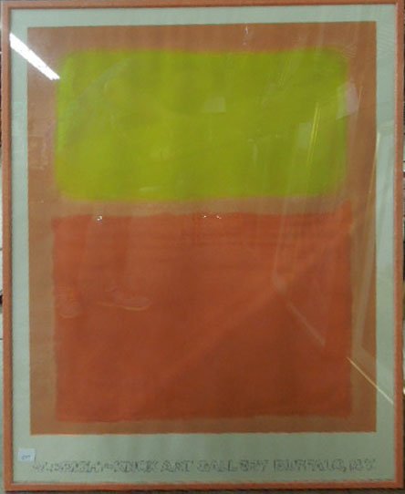 Albright-Knox Art Gallery/Mark Rothko Poster,1975: Pace Editions, Inc. (1978) exhibition poster: Albright-Know Art Gallery, Buffalo, N.Y.: "Mark Rothko: Orange and Yellow, 1956, 91" x 71"/ Gift of Seymour H. Knox". 39"h x 28 3/4"w=frame. CONDITION: No