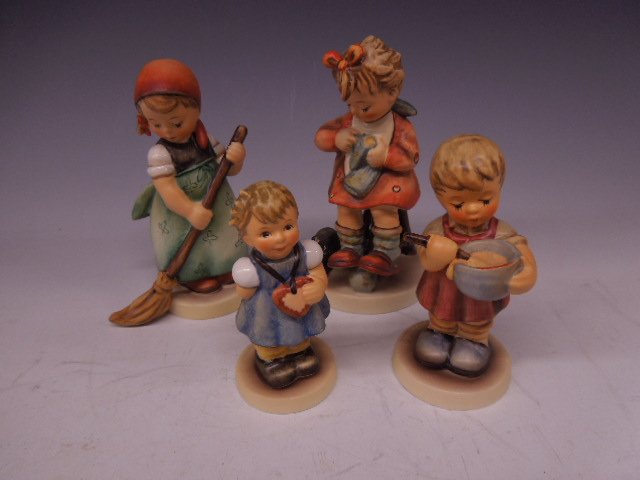 4 Hummel Figurines: Four Hummel figurines, two Mark 3, Mother's Helper, #133, 4 3/4"h, Little Sweeper, #171, 4 1/4"h, My Heart's Desire #2102A 4/0, 3 1/4" h & Baking time, #2116B (1st issue Erste Ausgabe, 2001), 3 3/4"h.