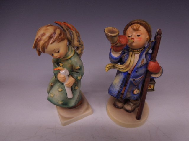 2 Hummel Figurines: Two Hummel figurines, Heavenly angel, #21/0 1/2, 6"h; & Hear Ye Hear Ye, #15/I, 6 1/4" h, both Mark 3. CONDITION: No chips, cracks, minor crazing on dress & base of Hear Ye.