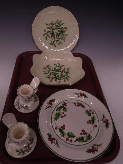 Assorted Christmas Porcelain: Assorted Christmas porcelain, including: Lenox Holly plate, 7 3/4"d & bowl, 7 1/2" d x 2"h (special) gold mark, two Spode Holly candlesticks, 3 1/4"h & one footed plate "White Christmas", "S", Karen, 