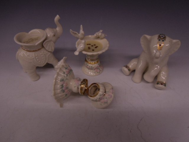 4 Assorted Lenox Pieces: Four assorted Lenox pieces including: two Lenox bird bath form trinket boxes "Spring Gathering Treasure Box", 4" h each, elephant form votive candle holder & seated elephant figurine, all gold mark. C