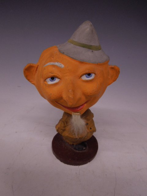 Vintage Pumpkin Bobble Head: Vintage pumpkin bobble head, "D.R.G. M." mark, rabbit hide goatee, polychromed paper mache & wood with metal spring, Germany, early 20th C., 5 3/4" h. CONDITION: Good with slight soiling & minor paint