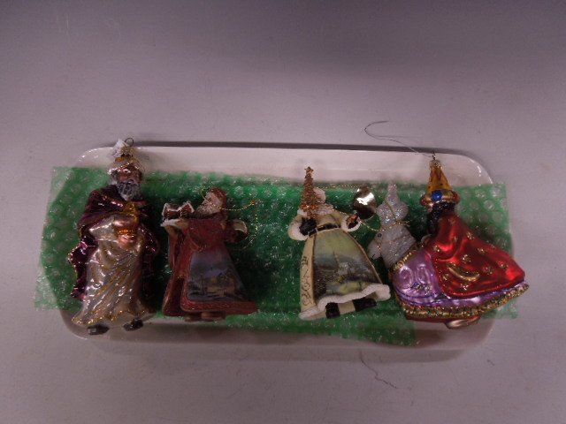 Two Kinkade & 2 Other Ornaments: Two T. Kinkade Santa ornaments, 4", with village scene on garment, plus two Old World Christmas style Magi ornaments, 5 1/2". CONDITION: Good.