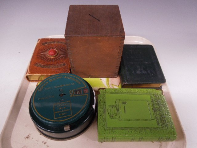 5 Assorted Vintage banks: 5 Assorted Vintage banks including; (3) book banks - The Birthday Bank, March, Save and Have bank and General Electric bank, apx. 3" x 4" each, (1) round tin Sepviva Bldg Assn (Phila) calculating bank