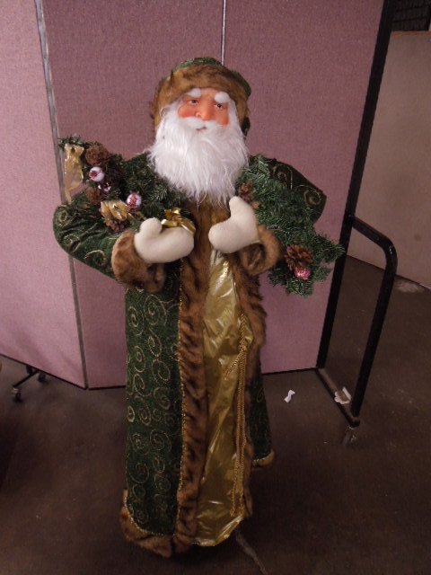 Standing Santa Figure: Standing Santa figure, hard plastic face, faux fur and cloth coat and hat, with tree and wreath, 60"hCondition; some wear to figure, bead loss on styrofoam balls on tree