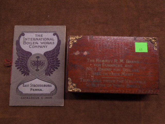 Wood Cigar Box & Catalogue: The Remmey R. M. Brand for furnaces & boilers, advertising wood cigar box with brass floral corner mounts (missing one corner), plus the International Boiler Works Company catalogue, East Stroudsburg,