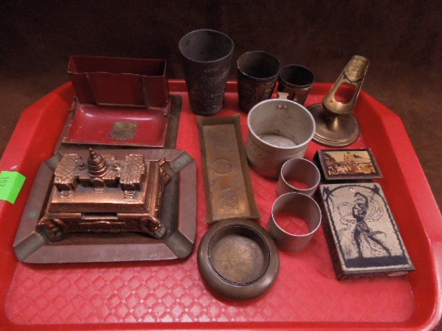 Vintage Desk & Other Items: Vintage desk & other items, including: ashtrays, pen & letter stand, pipe stand (souvenir Penn St) / Gettysburg monument), match boy & playing card holders, US Capital Bank missing bottom piece. CONDI