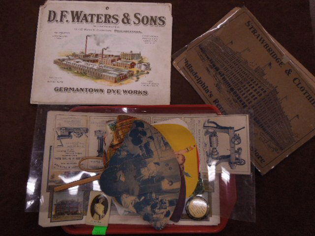 Assorted Vintage Company Advertisements: Assorted Vintage Company Advertisements including; (2) Strawbridge & Clothier and (7) D. F. Waters & Sons (Germantown dye works) signs approx 10" x 14", (6) Hand fans, (2) hand mirrors, (1) Boynton &