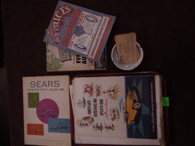 Vintage Automotive & other Catalogs: Vintage Automotive & other catalogs including; American Auto, Warshawsky, Sears, Jeepster, Lincoln, Dodge, McCornick, Chrysler and other, (3) 1940's drivers licenses and (1) Esso Motor Hotel ashtray.