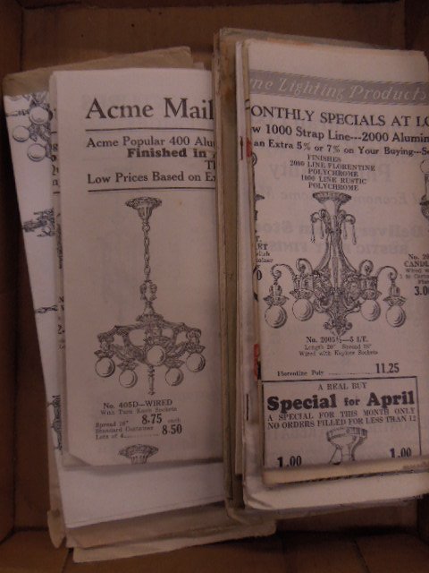 Acme Lighting Marl Catalogs: Acme Lighting Marl Catalogs 15+, some with original mailing envelopes 1920's, all folded for mailing. CONDITION: Minor wear especially on edger and corners.