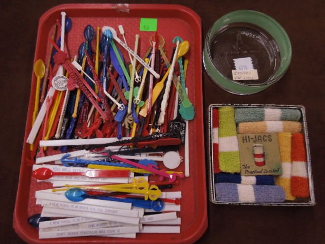 Lot Plastic Drink Stirrers, Glass Covers & Ashtray: Large lot of plastic drink swizzle sticks, all are printed with various advertising, vintage Eastern Airlines serving dish, 1950's 5 5/8" = d, Hi Jacs drink coasters in original box CONDITION: stirrer