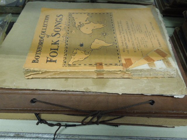 2 Scrapbooks, Sheet Music & Other: Two scrapbooks of 19th C. sheet music, greeting cards & Durbin doll book, plus Botsford collection of folk songs, 1930. CONDITION: Wear to covers & pages especially on edges & corners.