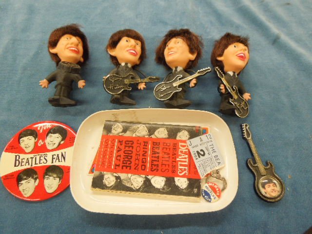 Beatles Fan Club Items, Pins, Photos, Stub: Lot of vintage Beatles fan club items: includes: pins, wallet photos book, 1964 ticket stub & figures. CONDITION: Good - used, minor wear.