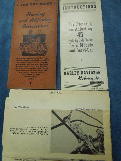 Harley Davidson Running and Adjusting Instructions: Harley Davidson Running and Adjusting Instructions for 45 Twin & Servi-car models includes 6pcs. of literature and dealer sleeve. CONDITION: Good, minor wear.