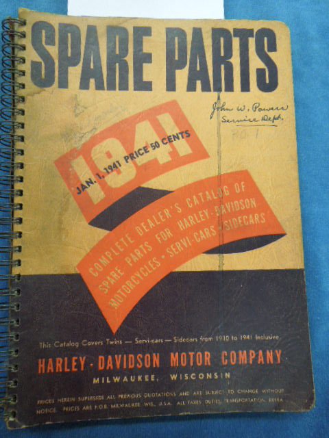 Vintage Harley Davidson 1041 Spare Parts Catalog: Vintage Harley Davidson 1941 Spare Parts Catalog Covering: Twins, Servi-cars, and side cars from 1930-1941. Includes price change page on inside cover. CONDITION: Good, soiled cover.