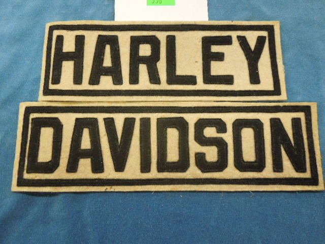 Rare Vintage 2 pc. Harley Davidson Linen Patches: Rare vintage 2pc Harley Davidson linen backed felt patches. "Harley" Patch measures 3 1/2" x 10", "Davidson" patch measures 3 1/2" x 12" circa 1940's. CONDITION: Good overall, very minor felt damage, 