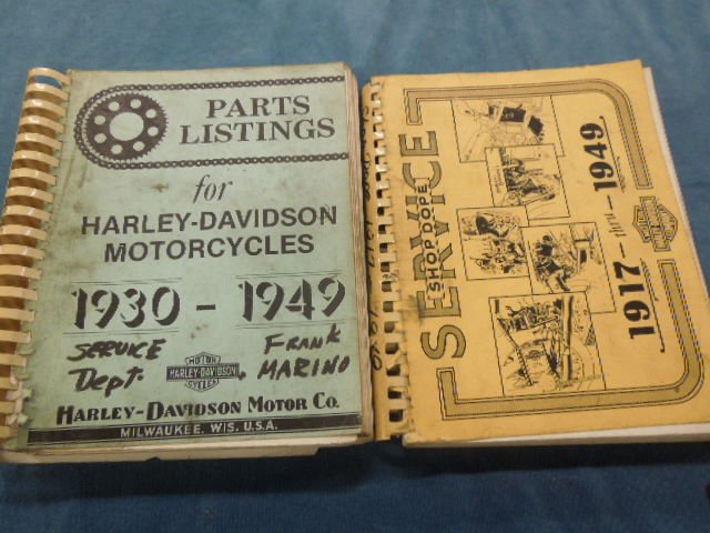 Harley Davidson Manual & Parts Catalog: Harley Davidson (1) service manual, 1917 - 1949 (Shop Dope) and (1) Parts Listing for HD motorcycles 1930 - 1949, spiral bound, soft covers Condition; some wear to covers, parts listing has magic make