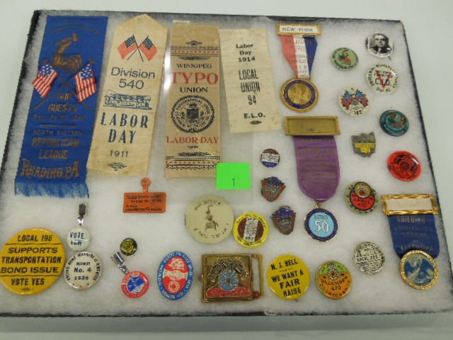 Early 20th c. Buttons and Ribbons: Early 20th c. Buttons and Ribbons including; (3) delegate badges - Carpenters (1954), Mine Workers (1936) and Building Association League, early buttons, A.F.of L., Taxi Cab Drivers, Mine workers, Tra
