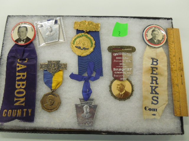 Early 20th c. Pa. Inaugural Buttons & Medals: Early 20th c. Pa. Inaugural Buttons & Medals including 1900 memorial photo medal of 1876 Inaugural of John Hartranft, (2) Edwin Stuart 1907 aluminum medals with ribbons, John Fisher 1927 medal with ri