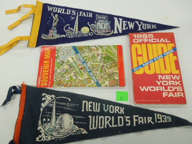 N.Y. Worlds Fair Pennants, Guide & Map: (2) New York World's Fair Pennants, 1939 (dark green) and 1940 (blue) 17 3/4"l. each, plus 1965 official guide and souvenir map Condition; some wear on pennants especially on edge, no visible pin hole