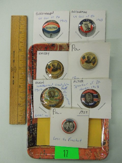 7 Early 20th c. Governor Campaign Buttons (Losers): 7 Early 20th c. Governor Campaign Buttons (Losers) including; (1) 1902 John P. Elkin (lost to Pennypacker), (2) 1906 Lewis Emery, Jr. (lost to Stuart), (1) 1913 Geo. E. Alter (was Pa. Speaker of the H