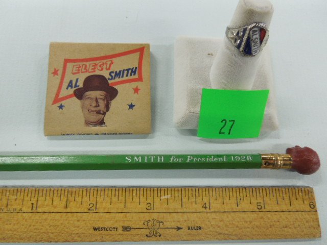 Al Smith for President Ring, Pencil & Matchbook: Al Smith for President Ring, Pencil & Matchbook, (1) "Al Smith for President" 1928 silvertone ring, red, white and blue enamel front with "Al Smith", raised stars on either side, (1) lead pencil (unsh