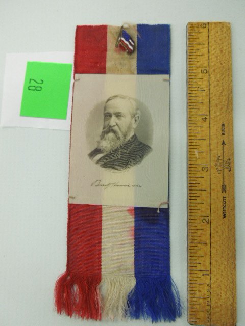 Rare Ben Harrison Campaign 1888 Photo Ribbon: Rare, Benjamin Harrison 1888 Photo Ribbon, red white and blue ribbon, 6" x 2" with Harrison photo on a 2" x 2 3/4" celluloid panel and metal flag pin at top Condition; wear and staining to ribbon from