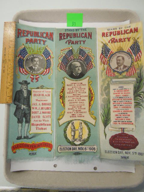 (3) 1906 / 07 Pa. Campaign Ribbons: (3) 1906 / 07 Pennsylvania campaign ribbons including; 1906 Edwin Stuart for Governor with lesser offices, 9 1/2" x 3" with Stuart pictured at top, Mason / Dixon? at bottom, (1) 1907 John O. Sheatz fo