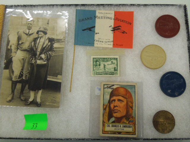 Charles Lindbergh Items: Charles Lindbergh Items including; 3 x 5 photo card (with mother), early Topps trading card, (3) Spirit of St. Louis poker chips (red, white and blue), 1930 foriegn postage stamp, Lucky Lindbergh coin