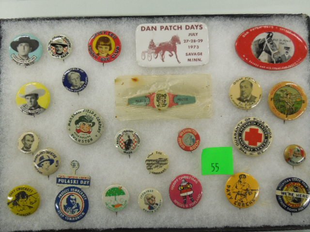 Vintage Cowboy & Other Buttons: Vintage cowboy & other buttons, including: (4) cowboy-Mike Shaw, Wash (Ralston straight shooters), John Mack Brown & Sunset Carson, (2) Davey Crocket, (2) Don Patch Days, plus advertising buttons, Whi
