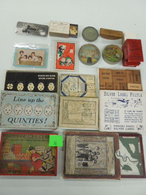 Assorted Vintage Puzzles and Games: Assorted Vintage Puzzles and Games including; Matchbox jigsaw, (3) small tin dexterity puzzles, Roly Poly puzzle, The Perplexing Puzzle, (2) Larger 3 1/2" x 5" dexterity puzzles - Supermarket and Joll