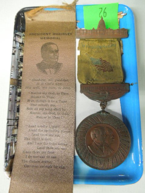 Rare McKinley Inauguration Medal and Memorial: Rare McKinley Inauguration medal and memorial including (1) William McKinley 1897 Inauguration medal (with VP G. Hobart) featuring the Capital at top, yellow ribbon with flag, President and Vice Presi