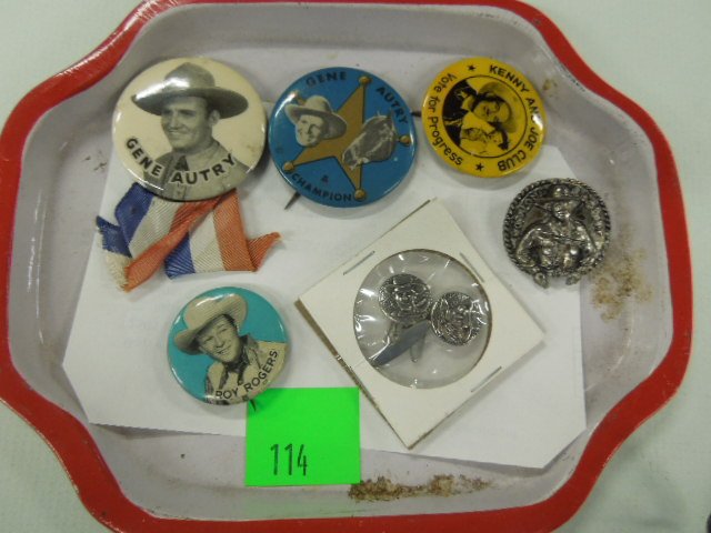 Vintage Cowboy Buttons & Pins: Vintage Cowboy buttons and pins including; (2) Gene Autry (1 with ribbon), (1) Roy Rogers and (1) Kenny and Joe Club buttons, (1) metal Hopalong Cassidy pin, plus (1) pair of cowboy (Hopalong?) cuffli