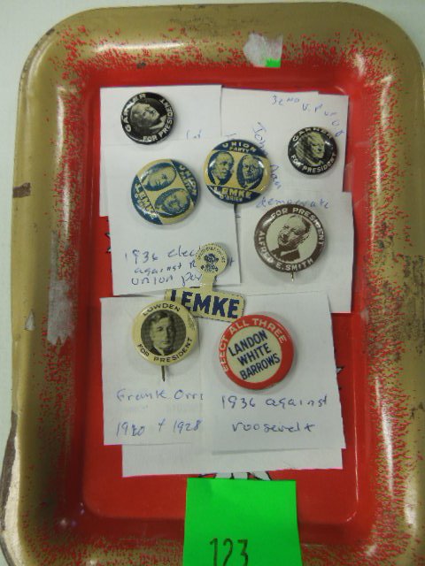 7 (Losers) Pres. Campaign Buttons: 7 (Losers) President campaign buttons including; (2) Lemke (1936 Union party, lost to Roosevelt), (2) John Nance Garner (lost to Roosevelt, after being his VP), (1) Al Smith (1928 lost to Hoover), (1)
