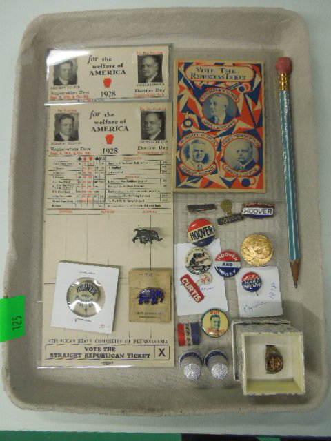 H. Hoover Campaign Items: Herbert Hoover campaign items including; (2) Republican ticket card (1928), 4" x 8 1/2" and small card "Vote the Republican ticket", 3" x 4 1/2", (6) campaign buttons, (5) pins, (2) thimbles, "Hoover 
