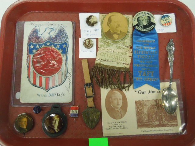 Taft President Campaign Items: Taft 1908 President campaign items including; (6) campaign buttons (1 with ribbon), (1) photo ribbon, (1) fob, (1) shirt stud, (1) sterling spoon, plus James Sherman(VP) campaign card and (1) 3D card