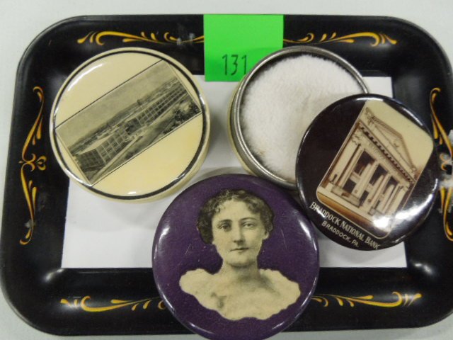 3 Vintage Advertising Compacts: Three vintage advertising compacts including: Kremola, "Makes the Skin beautiful", (Chicago) "VMS", Parisian Nov. Co. (Chicago) factory building & Braddock National bank (Braddock, PA) with inside mir