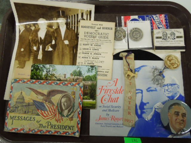 FDR Campaign & Other Items: FDR campaign & other items, including: photo of mother & uncle (at inauguration) postcards, ticket card (with Horner), matchbook covers, memorial buttons, democratic campaign ribbon & button, fireside