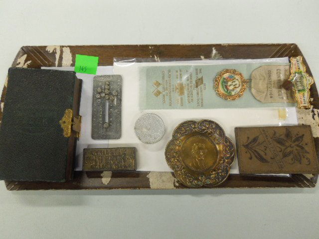 1904 St. Louis Exposition Souvenirs: 1904 St. Louis Exposition souvenirs, including: Thomas Jefferson 3 1/2" coin dish, (floral decoration edge), book box, gold brick (nit), 2 1/2" paperweight & suede card case, floral decoration"Mrs. Se