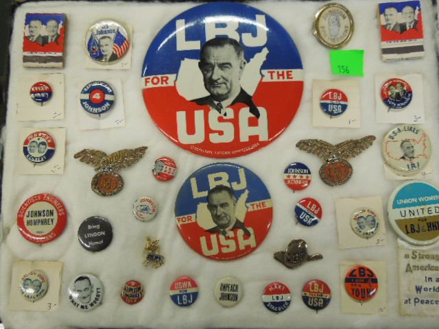 L.B.J. Campaign Items: Including: 3 1/2" & 6" "LBJ for the U.S.A." buttons, twenty-two other campaign buttons, various sizes, two beaded eagle pins, matchbooks, hat & donkey pins. CONDITION: Some wear especially to ribbon b