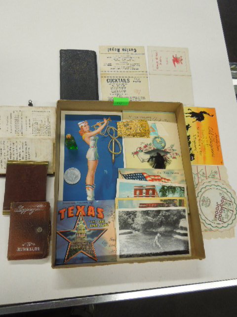 Vintage Ads Ephemera & Other: Vintage ads, ephemera & other, including; small German book, leather writing note pads, postcards, Gev. ad dance card, National Trail Ways I.D. check tickets, paper drink coasters, Cusino Royal ad car