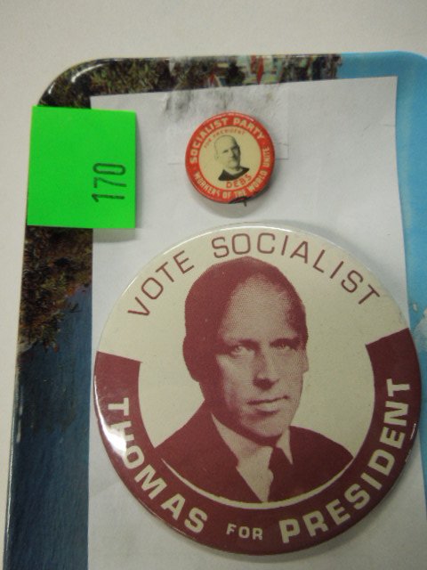 2 Socialist Party Campaign Buttons 1 early 20th c.: Two Socialist Party campaign buttons, one early 20th C. Eugene V. Debs "Workers of the World Unite", 1900 thru 1912 & 1920 presidential campaign, 7/8" d & one Norman Thomas "vote Socialist", 1928 thru