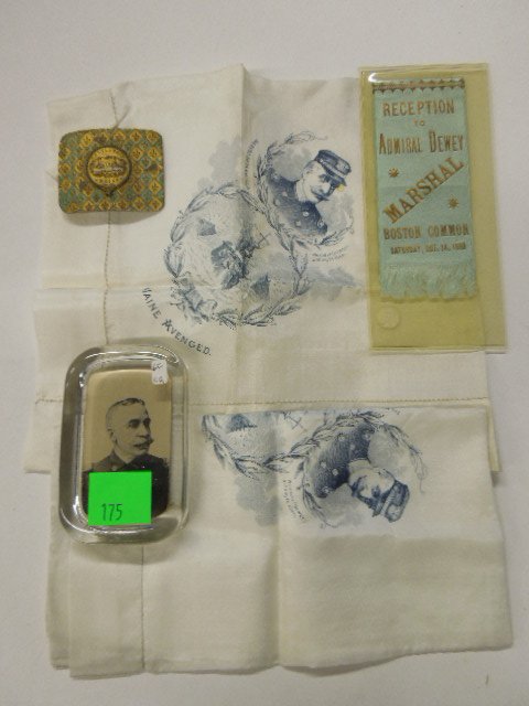 Admiral Dewey & Battleship Maine Items: Admiral Dewey & Battleship Maine items, including: glass paper weight (photo portrait) 2 1/2" x 4", (2) "Maine Avenged" handkerchiefs (The Hero of Manilla, "We Didn't (Dewey) a thing to them), plus Ba
