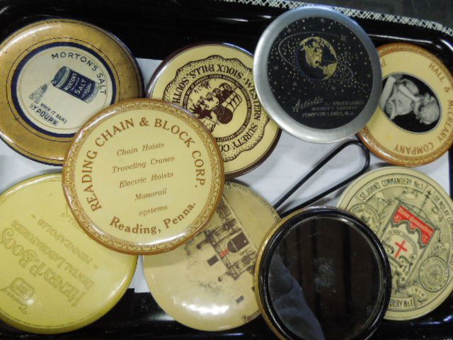 9 Vintage Advertising Hand Mirrors: Nine vintage advertising hand mirrors, including: handled souvenir, The Alamo, Reading chain & Block, hall & McCreary Co., Morton's salt, Western Surety Co., Henry P. Boos dental lab, Artistic Woven l