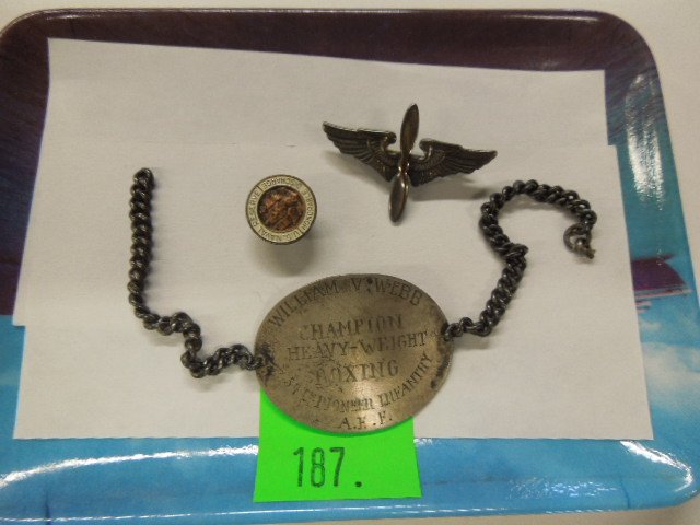 WW I boxing bracelet & other pin & button: WW I boxing bracelet & other pin & button, WW I (1919) Champion Heavyweight Boxing bracelet (sterling), William V. Webb, 54th Pioneer Infantry, A.E.F., plus sterling wings with center propeller and Na