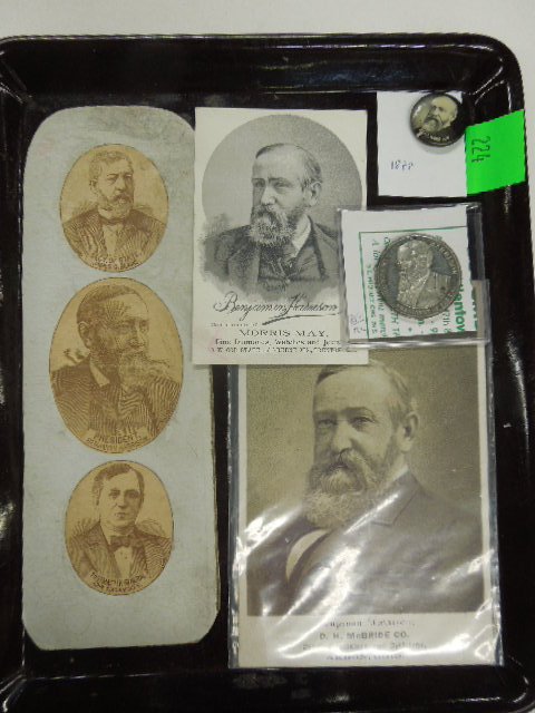 Benjamin Harrison items: President Benjamin Harrison items including; 1 1/2" coin "inauguration, March 4th, 1889, 1888 campaign button, (2) advertising cards, Morris May Jewelers, Trenton NJ, 3" x 4 1/2" and DH McBride Co. Je