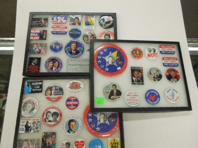 Clinton campaign buttons in 3 trays: Clinton campaign buttons, in 3 trays, 1992 and 96 including; (33) buttons, various sizes (1, 6"), plus (2) Town Hall Meeting with Pres William J Clinton tickets, Tues Mar 15, 1994, Elm St Jr. High Sch